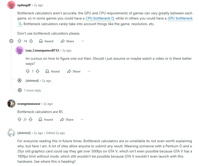Reddit discussions about bottleneck calculators and common misunderstandings.