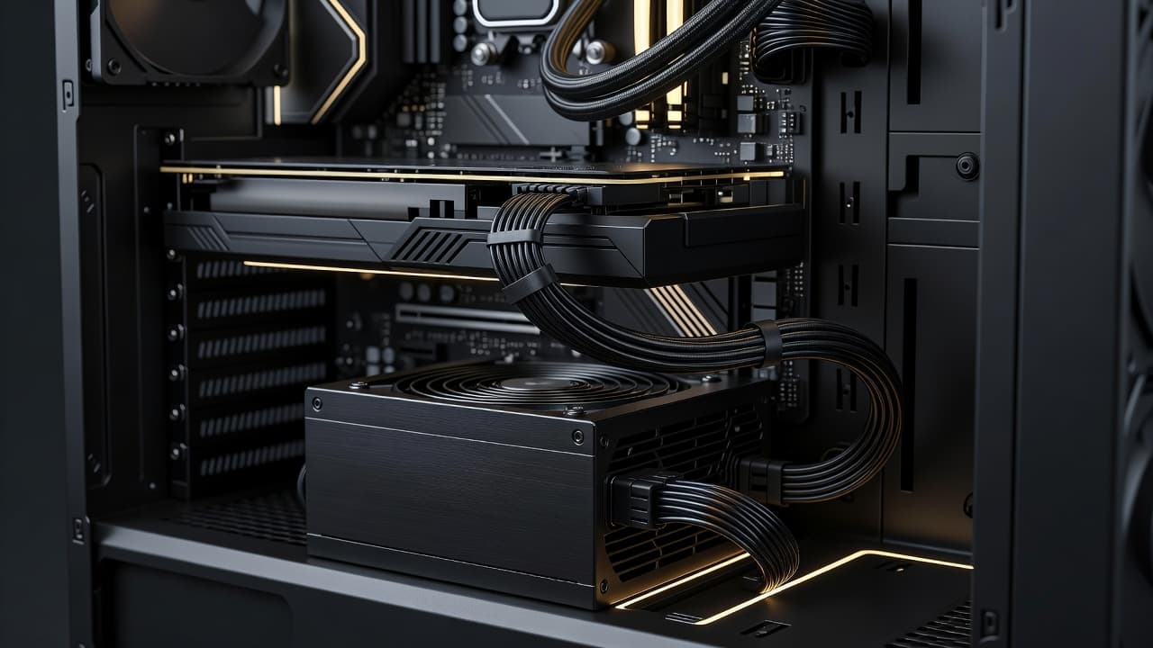 A high-end desktop computer interior features a sleek black power supply unit mounted at the bottom. Soft internal lighting highlights organized wiring and high-quality hardware components within the dark case.
