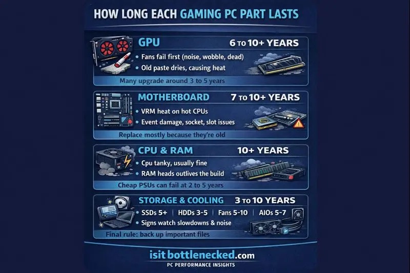 How long each gaming PC part lasts GPU motherboard CPU PSU SSD RAM cooling