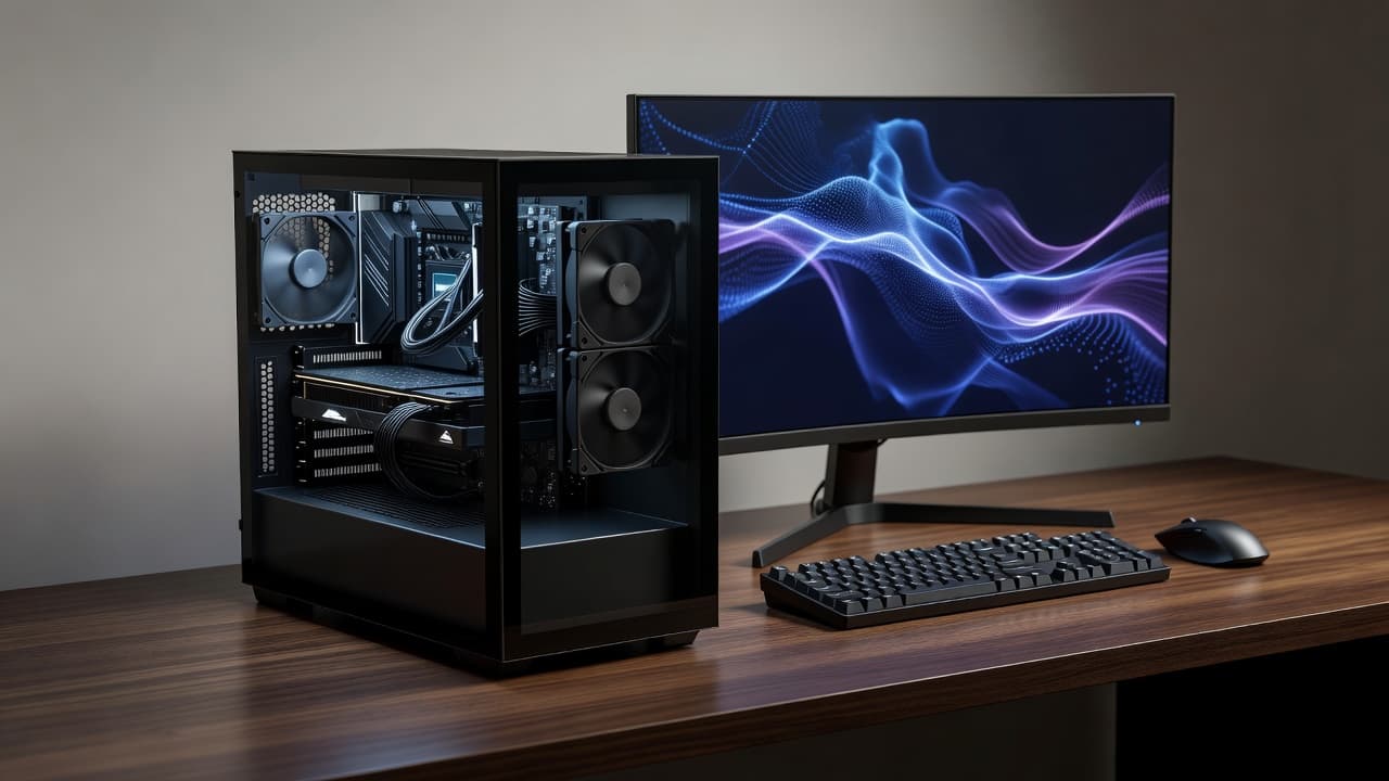 A sleek computer tower with a transparent glass side panel sits on a polished wooden desk next to a monitor