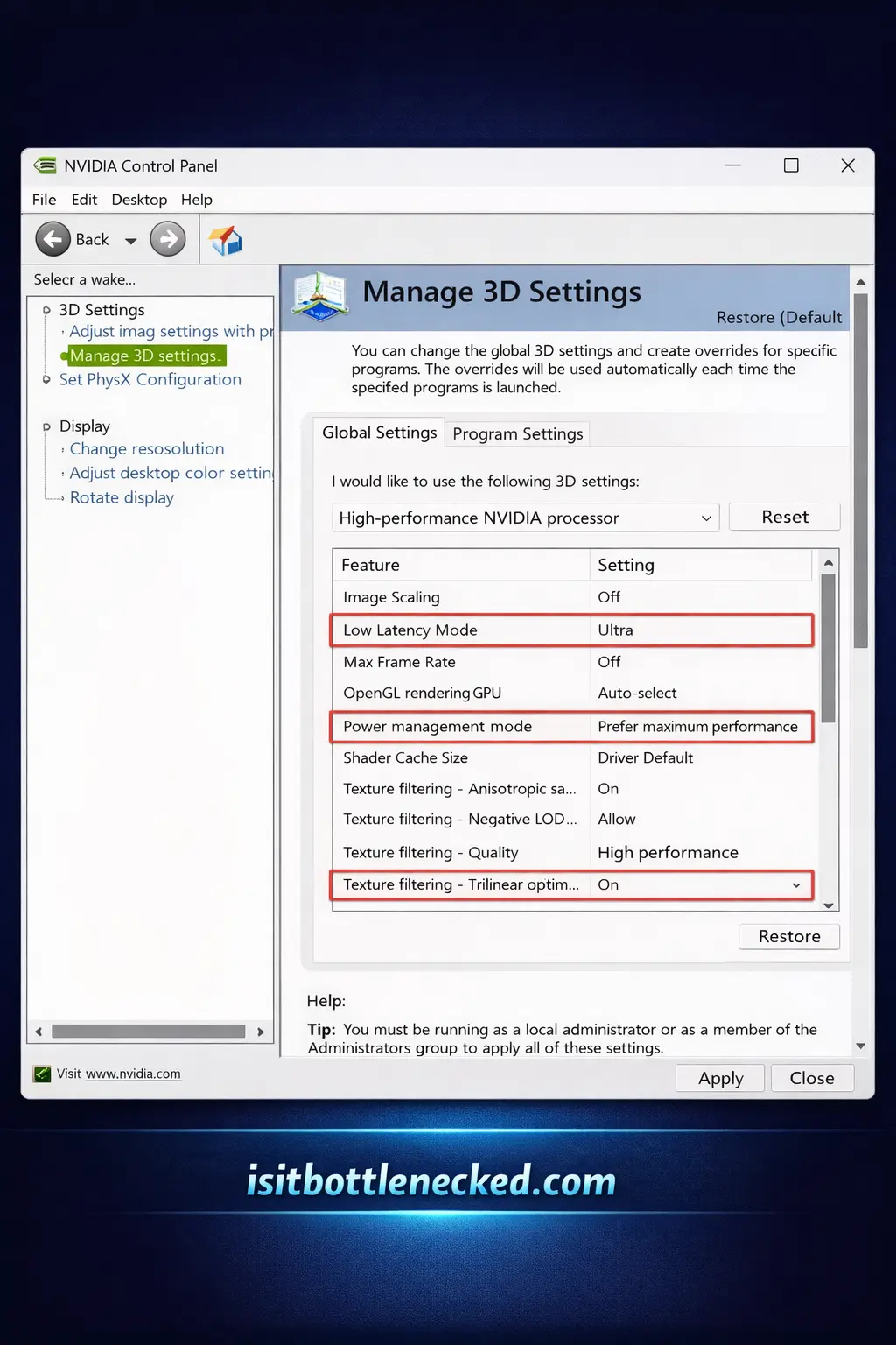NVIDIA Control Panel 3D settings optimized for maximum gaming performance