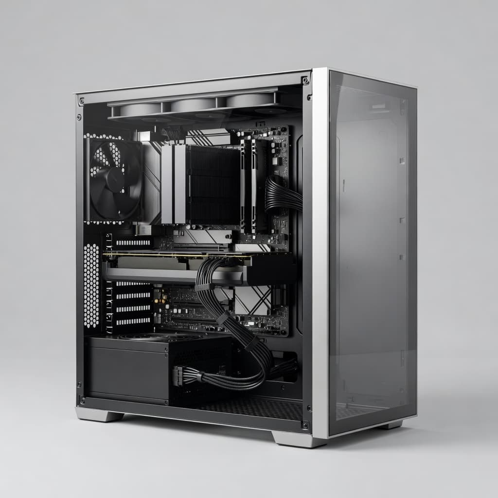 An open computer chassis reveals high-end internal hardware with a clear focus on the bottom-mounted power supply unit. Professional studio lighting highlights the modular cables and clean arrangement of the internal components.